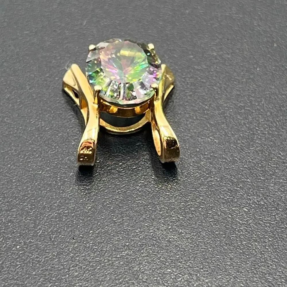Yellow Gold 14k, 5 Ct Mystic Rainbow Topaz Glowing Gemstone Pendant Slider 3.7gr